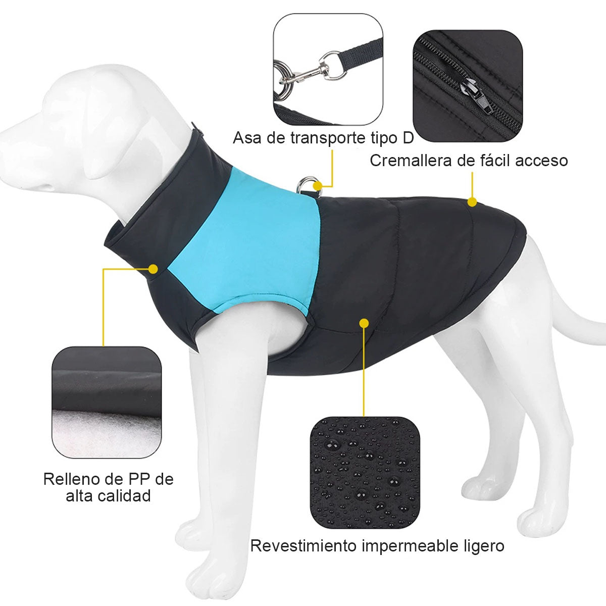 Abrigo acolchado de invierno para perros y gatos (razas medianas/grandes).