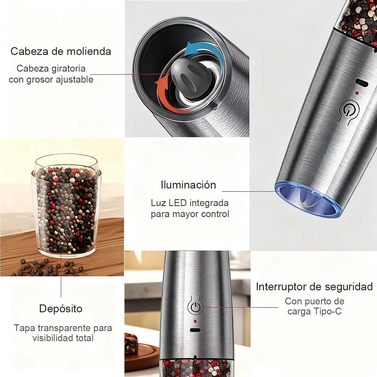 Molinillo de Pimienta con Sensor de Gravedad Kadeli 591: Eléctrico y Recargable por USB