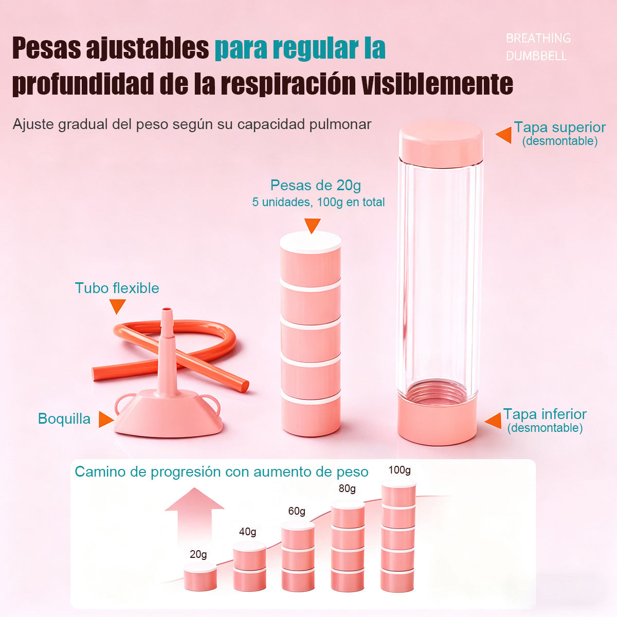 Entrenador de respiración para correr, fitness y fuerza; dispositivo de respiración tipo mancuerna para entrenamiento de respiración abdominal y capacidad pulmonar.