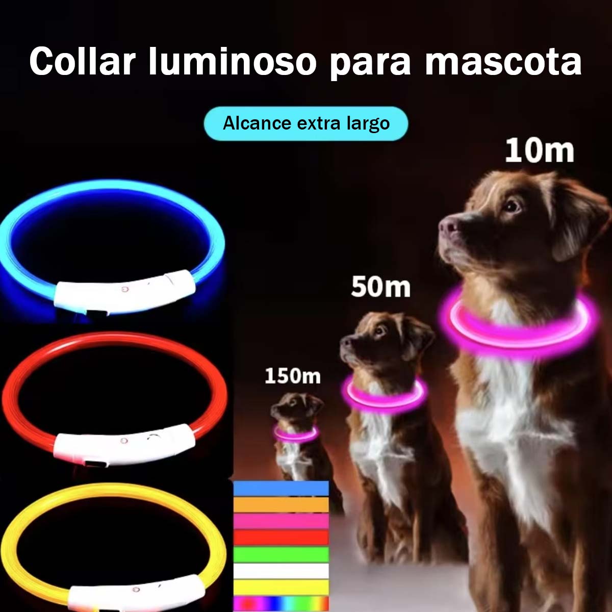 Correa LED para Perros, Collar Luminoso con Fibra Óptica y Carga USB