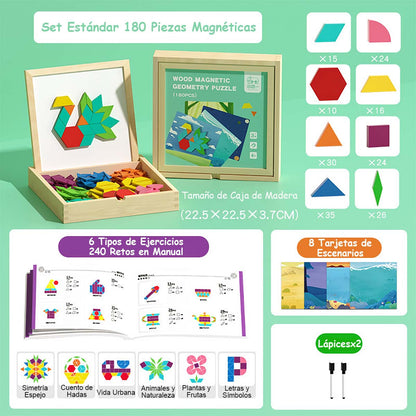 Rompecabezas tangram magnético, mosaico de piezas geométricas con imanes, juguete educativo de madera para niños, creatividad y aprendizaje temprano.