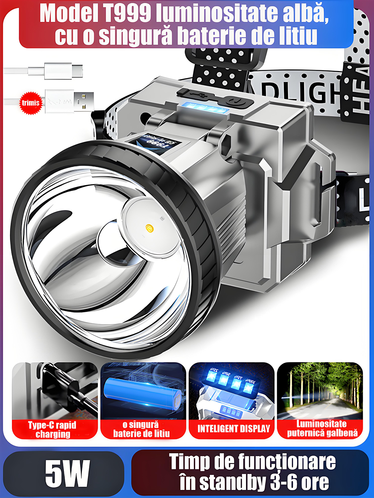 Lampă frontală cu senzor, super-luminată, reîncărcabilă, pentru exterior, lanternă tip cască, iluminare fără mâini pentru pescuit nocturn și alpinism, autonomie îndelungată