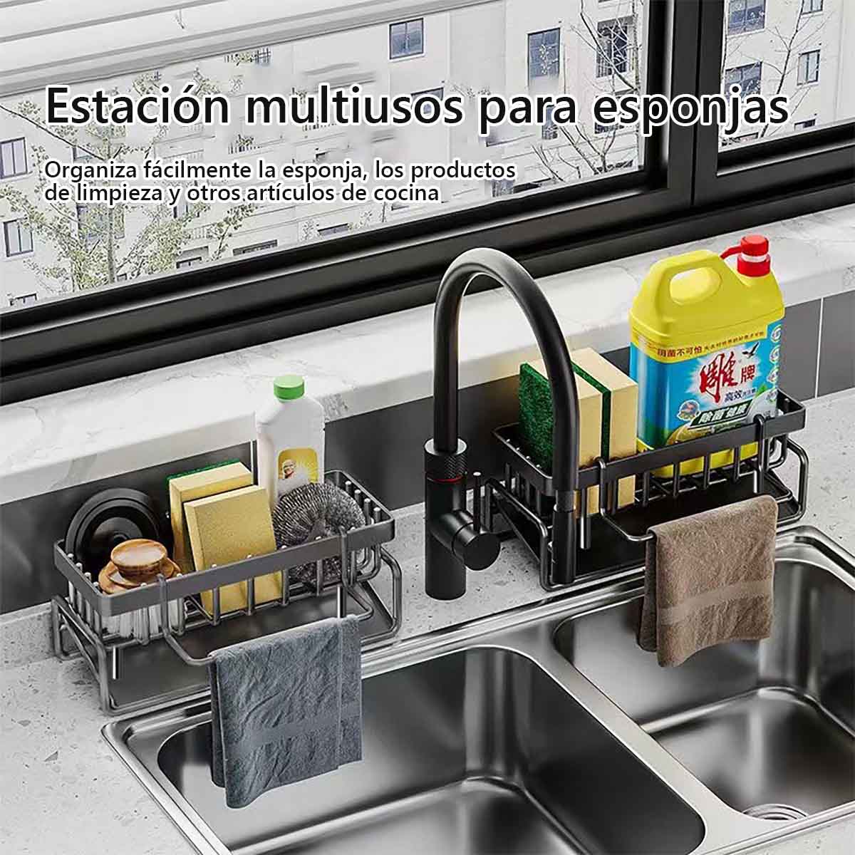 Nuevo estante de cocina para almacenamiento: soporte para paños, escurridor, organizador para esponjas y estropajos, apto para grifos y fregaderos.