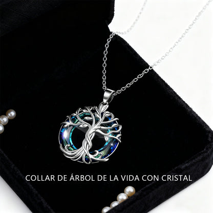 "Collar de cristal del árbol de la vida, colgante de cristal con anillo circular de colores incrustado en aleación."