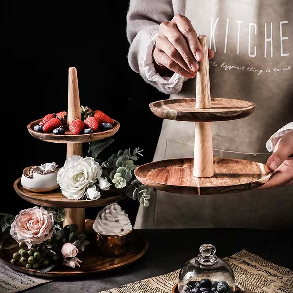 Soporte para cupcakes de papel de té, de madera, de dos niveles, para bodas, bandeja para frutos secos, caramelos y pipas, bandeja multifuncional de frutas para salón.