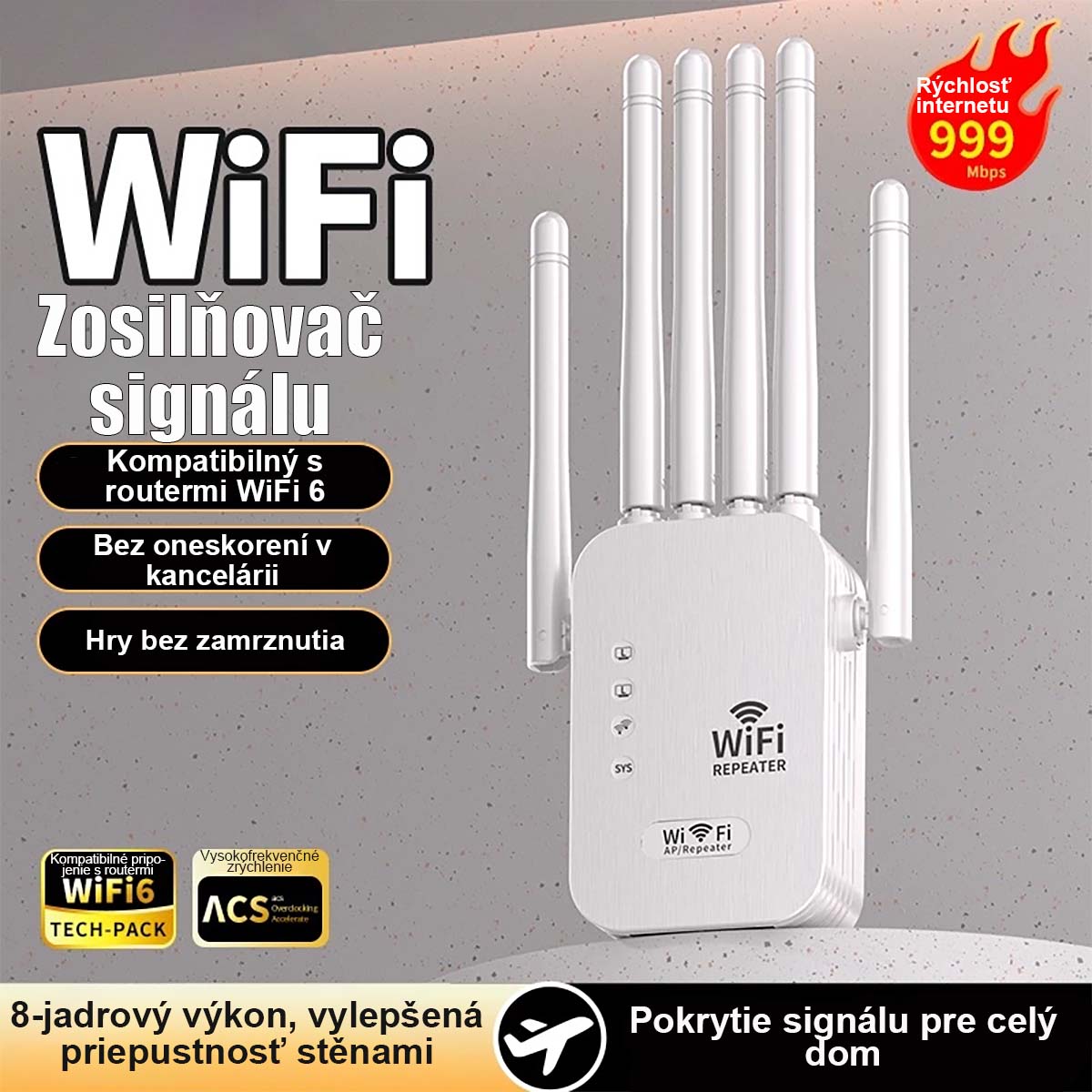 Populárny zosilňovač Wi-Fi signálu pre domácnosť, so 6 anténami, silným prienikom cez steny a funkciou opakovača na rozšírenie a zosilnenie bezdrôtovej siete