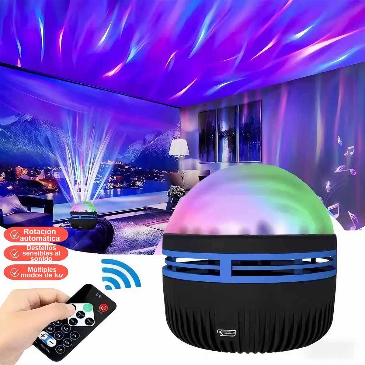 Lámpara estrellada 5V Aurora Boreal LED — proyector, luz nocturna ambiental, pequeña bola mágica, lámpara festiva con efecto de ondas de agua para cabecera de cama.