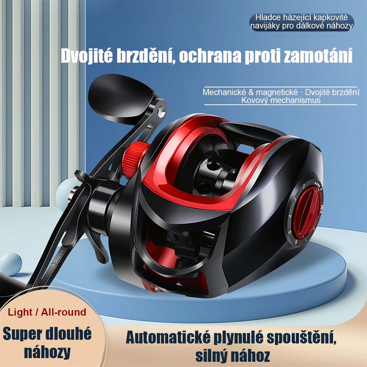 Bezpečnostní kovový černo-červený naviják s kapkovitou cívkou, set prutu na přívlač, daleké náhozy, naviják na lov z mostu a na člunu, speciálně pro lov parmy.