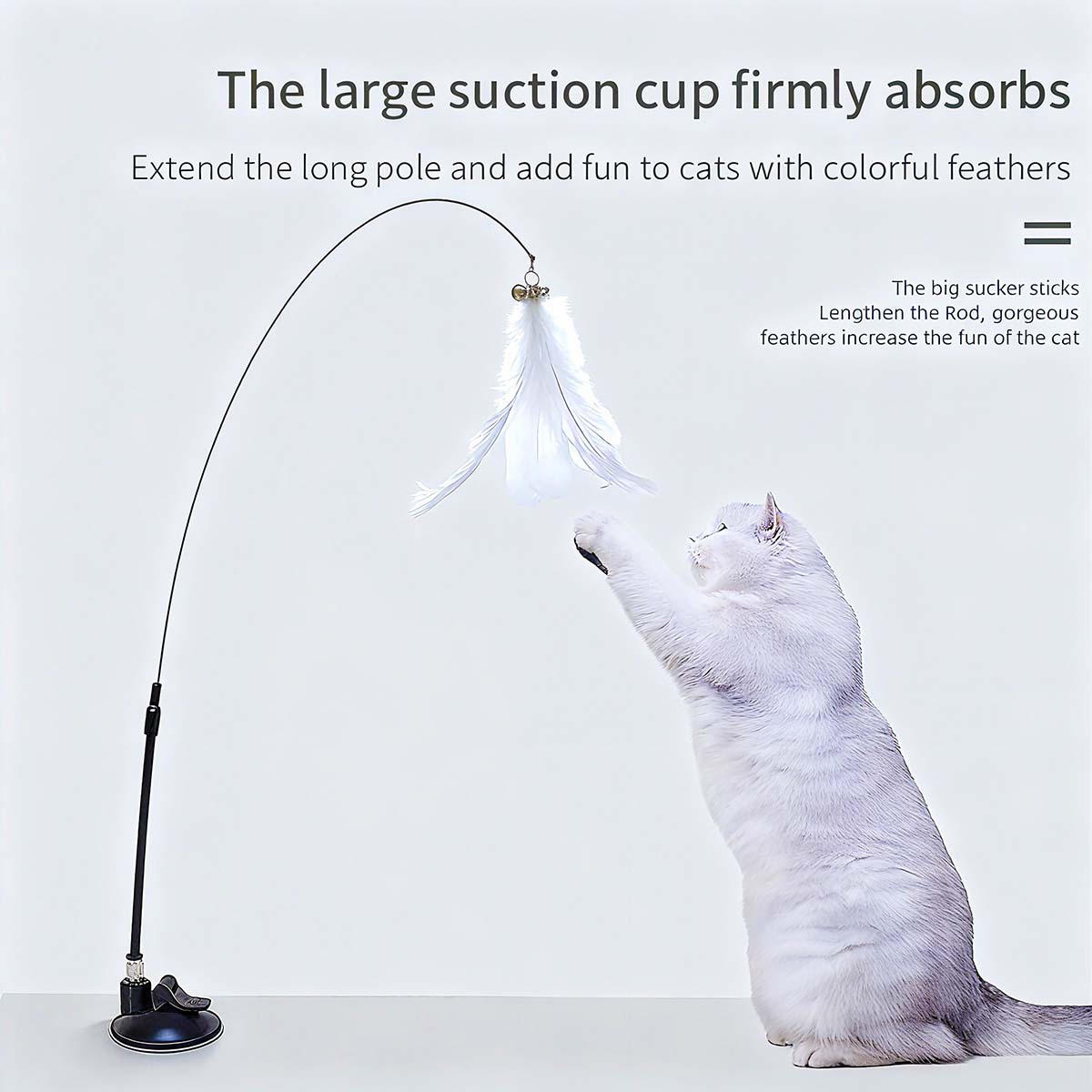 Juguete para gatos con ventosa de succión fuerte, varita de plumas de vara larga para juego autónomo, resistente al mordisco y antiedad para gatos.