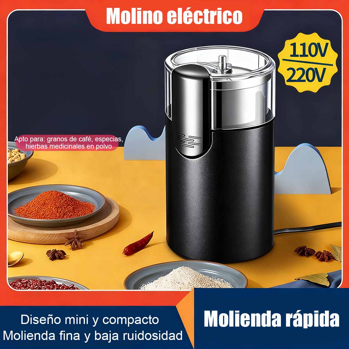 "Molino de café portátil de acero inoxidable, mini molinillo eléctrico, máquina de molienda en seco, trituradora de polvo."