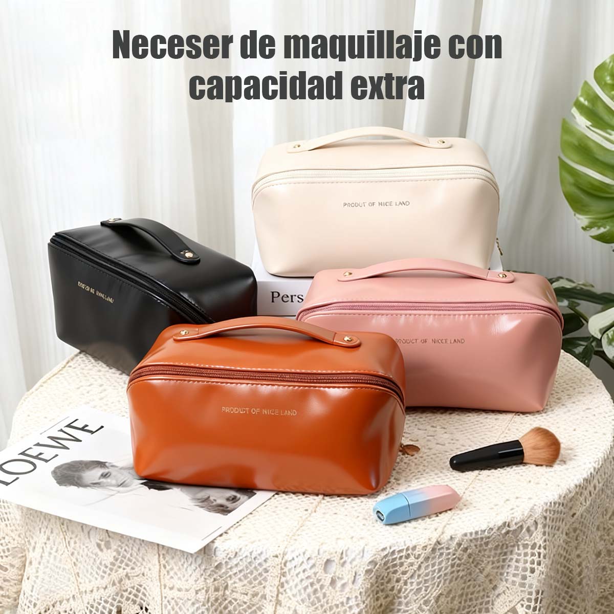 Bolsa de almacenamiento para maquillaje de cuero PU con organo, bolsa de almohada, bolsa de almacenamiento para viajes, portátil, de gran capacidad, con compartimentos para artículos de aseo.