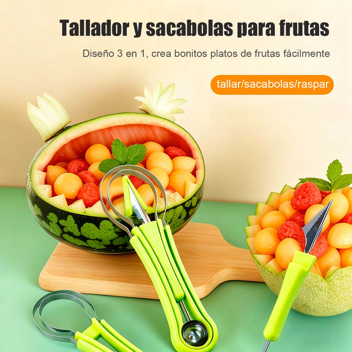 Cuchara multifuncional 3 en 1 para frutas, sacabolas de sandía, cuchillo para tallar frutas y herramienta para vaciar frutas – Juego de utensilios para frutas.