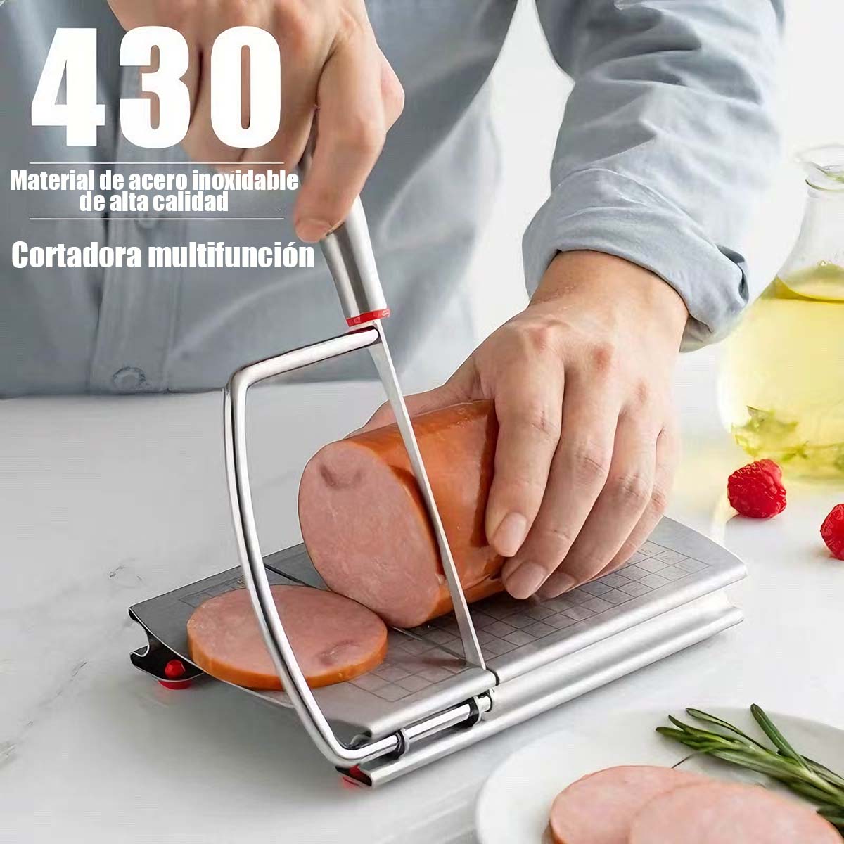 Cortador de Queso Multifunción con Escala - Rebanador de Queso, Mantequilla y Jamón de Acero Inoxidable, Base Antideslizante, Incluye Afilador