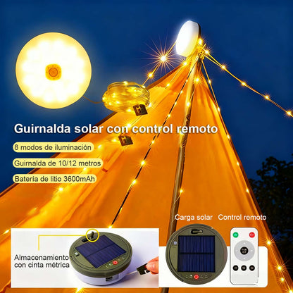 Lámpara de camping LED para exteriores, luz de emergencia para tiendas de campaña, iluminación ambiente con carga solar y USB.