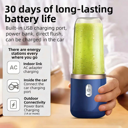 Licuadora exprimidora portátil multifuncional, vaso para jugo recargable con función de batidora y exprimidor.