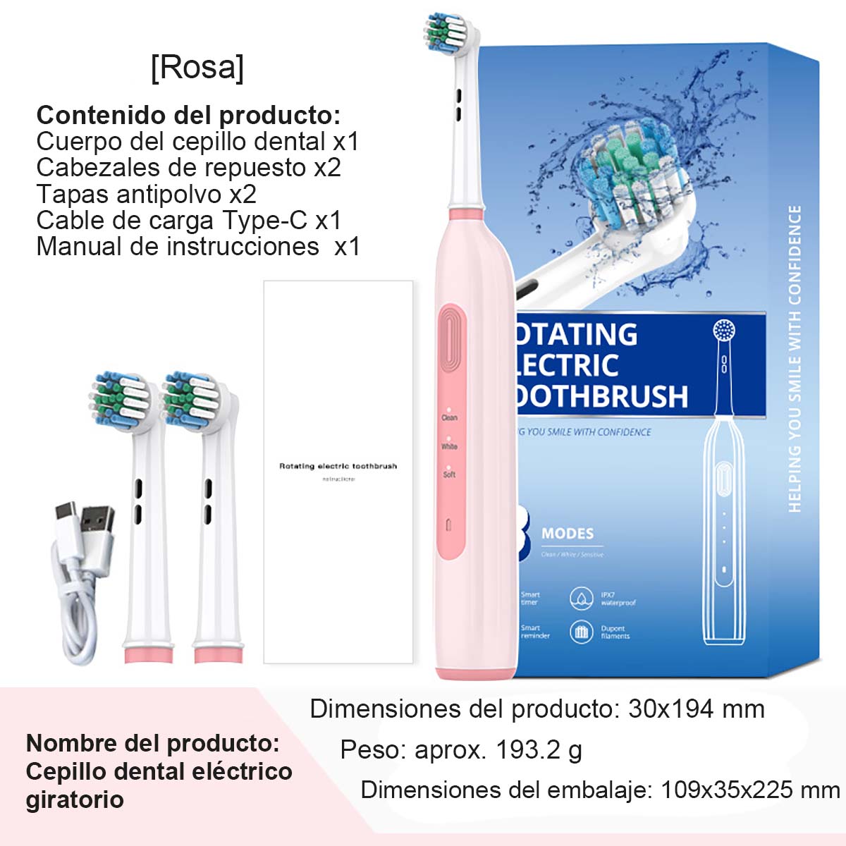 "Cepillo de dientes eléctrico rotatorio de tendencia, larga duración, estándar DuPont de limpieza, eje metálico, cabezal redondo."