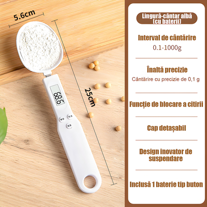 Cântar electronic de bucătărie tip lingură – 0,1 g precizie, ideal pentru prăjituri, pudră de lapte, cafea și ingrediente mici, portabil și ușor de utilizat.
