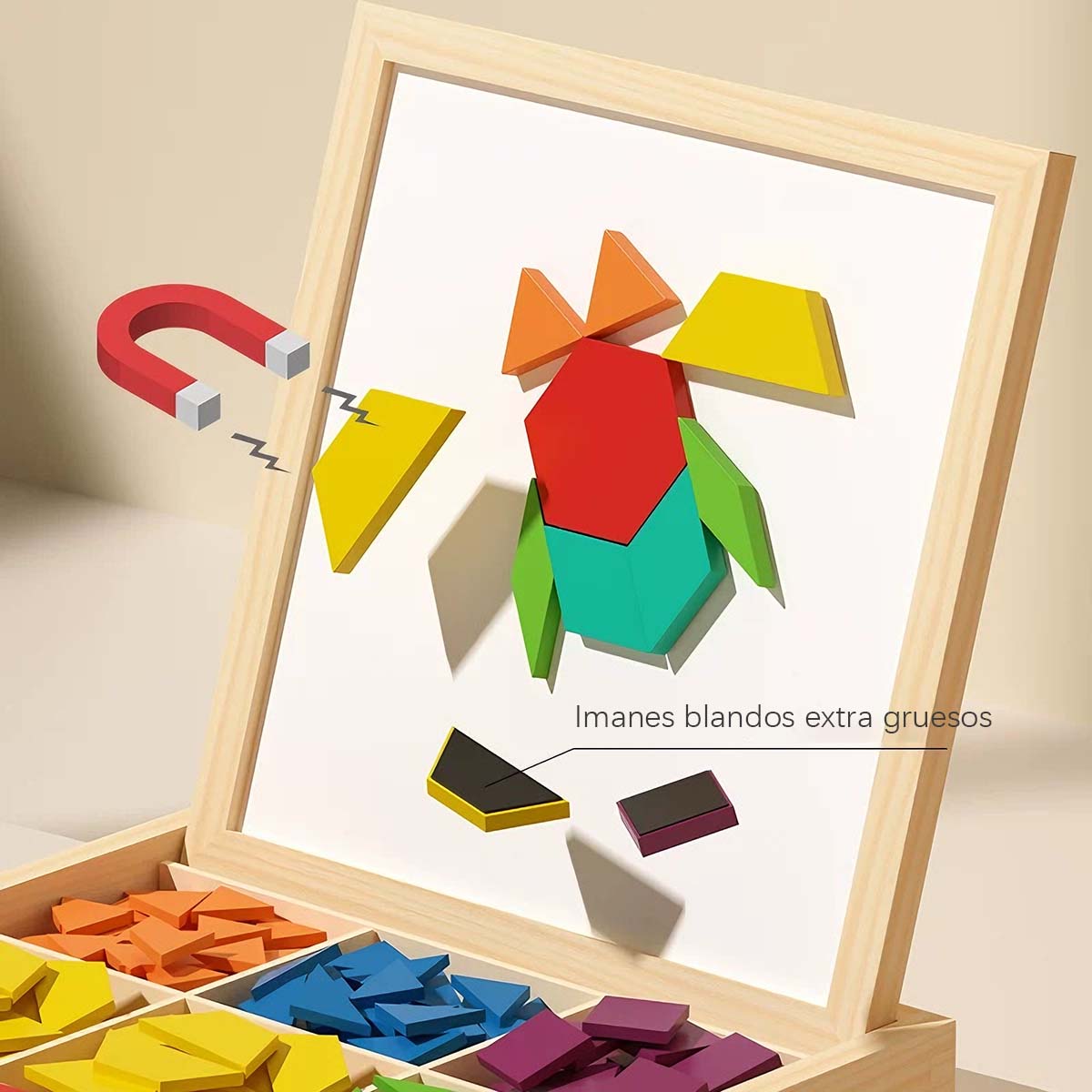 Rompecabezas tangram magnético, mosaico de piezas geométricas con imanes, juguete educativo de madera para niños, creatividad y aprendizaje temprano.