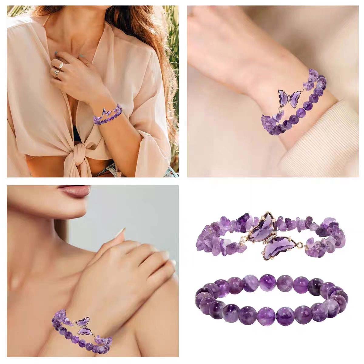 Pulsera de cristales de amatista morada natural de doble capa, para mujeres, de alto nivel, con diseño apilable y cuentas entrelazadas.
