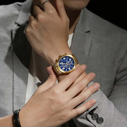 Reloj de cuarzo multifunción para hombres con correa de acero, esfera con escala numérica, cronógrafos de tres subesferas y cristal resistente a la luz azul.