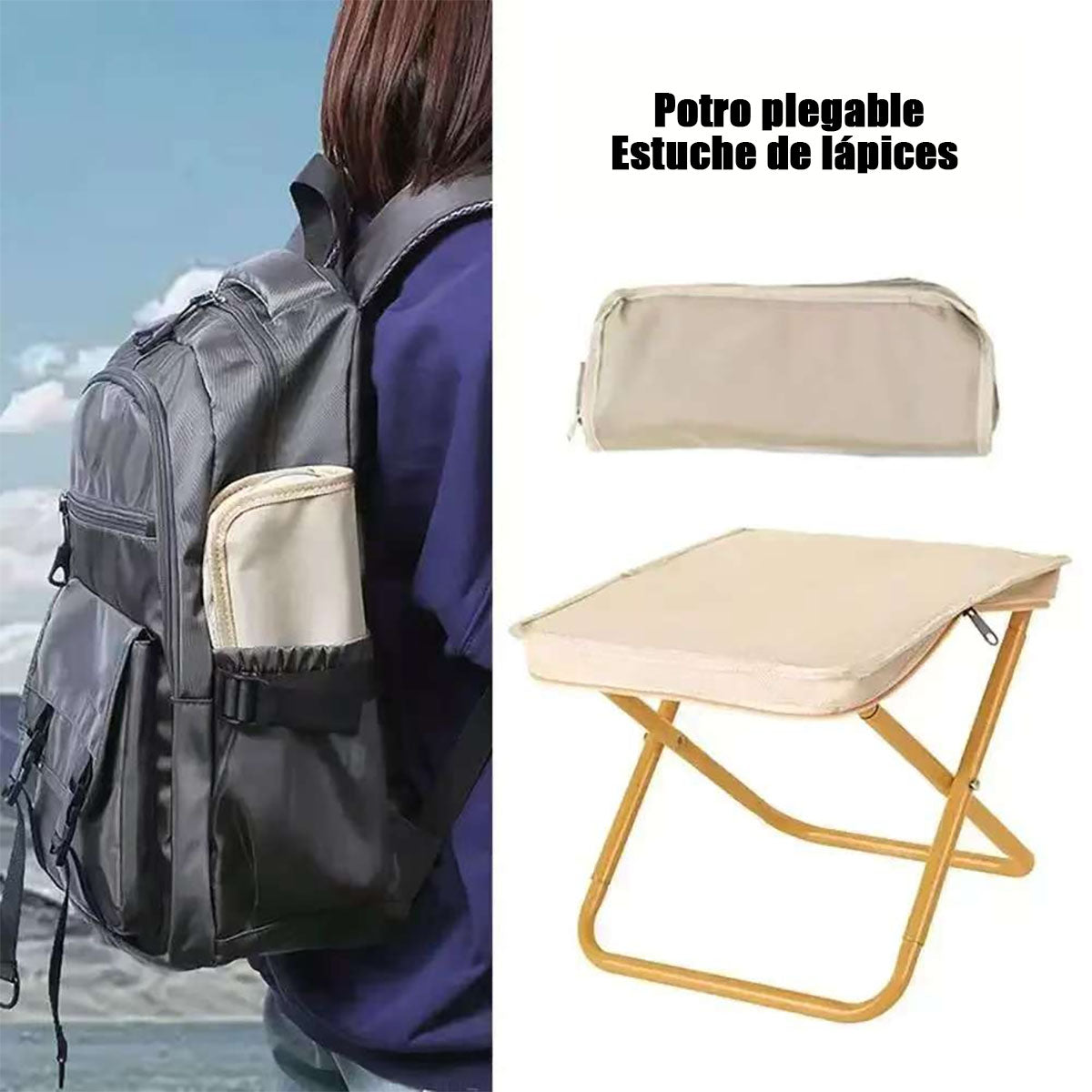 Estuche plegable para bolígrafos con banco portátil tipo banco de paja — bolso creativo que se convierte en mini banco para exteriores, ideal para personas perezosas que desean llevar un asiento miniatura donde quiera que vayan.