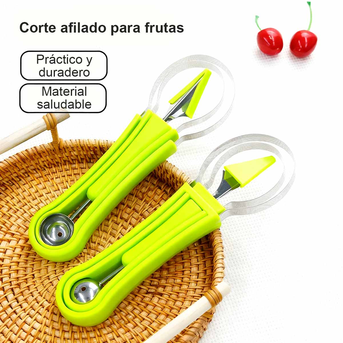 Cuchara multifuncional 3 en 1 para frutas, sacabolas de sandía, cuchillo para tallar frutas y herramienta para vaciar frutas – Juego de utensilios para frutas.
