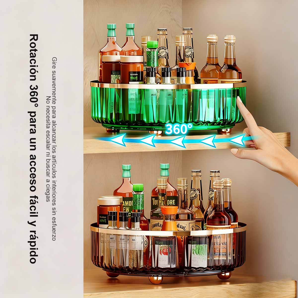 Elegante estante giratorio de almacenamiento, plato giratorio transparente para cocina, soporte de especias y salsas, organizador de almacenamiento para mesa de cocina y sala.