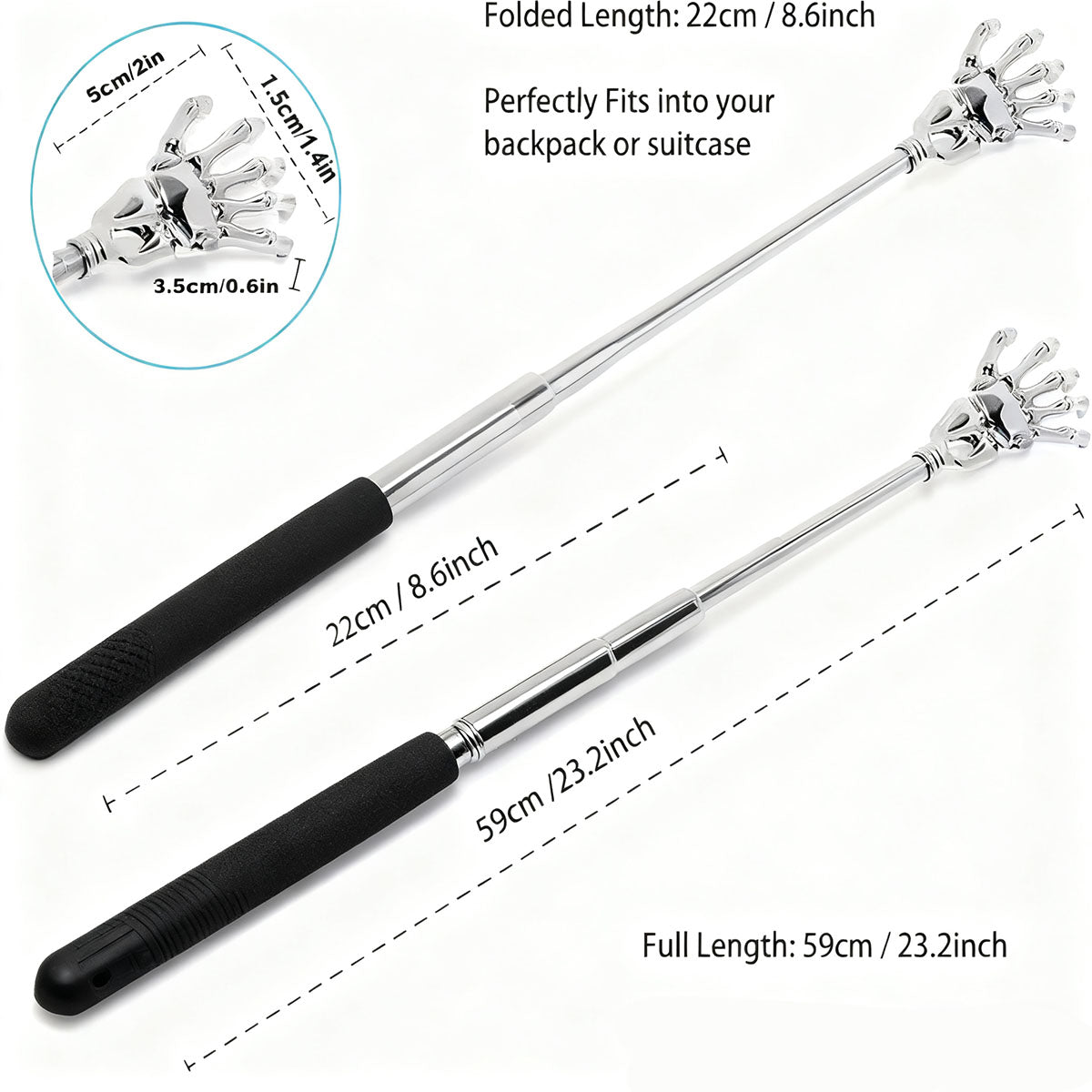 Rascador telescópico de acero inoxidable — masajeador doméstico, práctico “no necesito ayuda”, ideal para personas mayores.