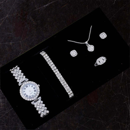 Conjunto de reloj con diamantes en forma de "fuente de riquezas", set de 5 piezas de pulseras de moda, reloj de cuarzo estilo europeo y americano para mujer.