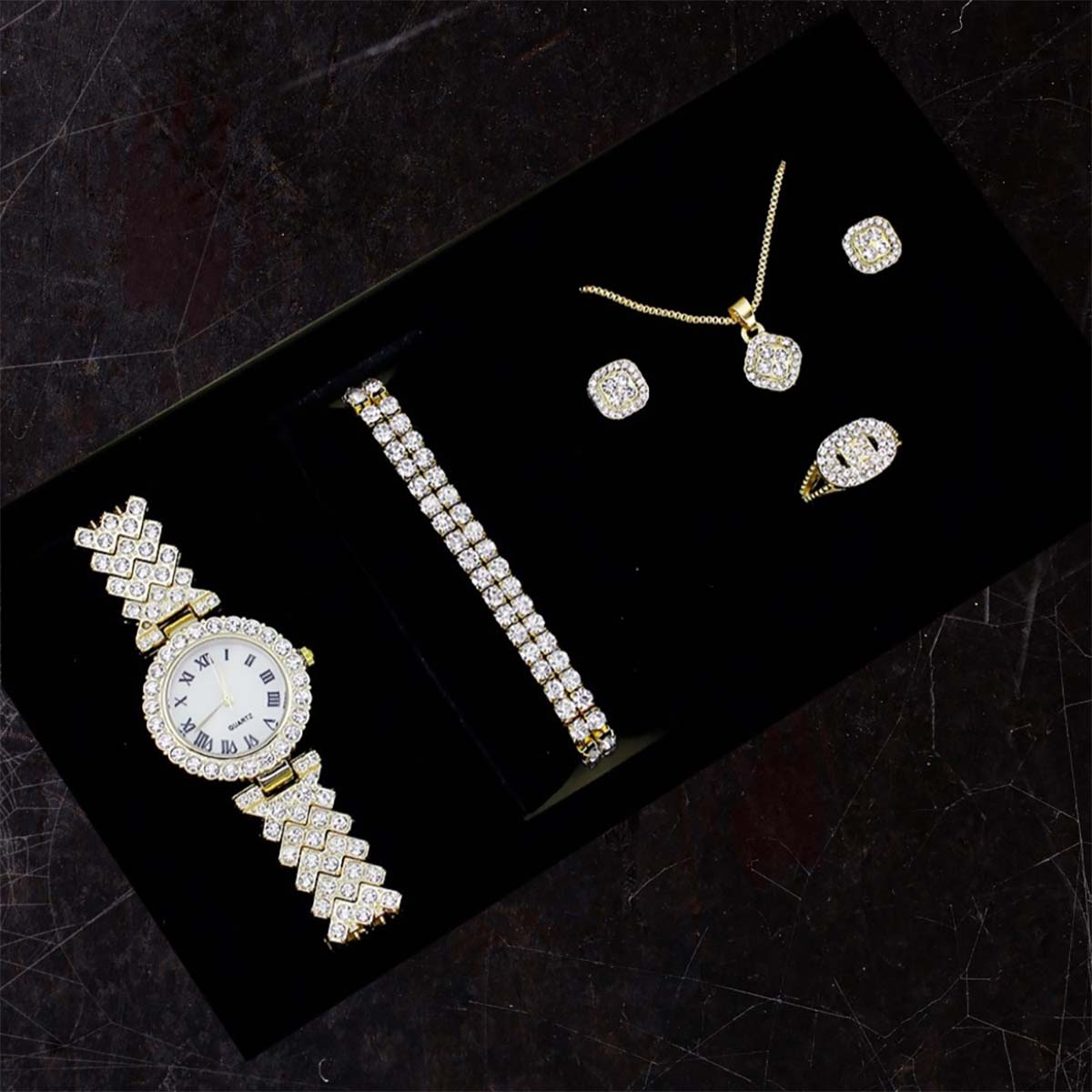 Conjunto de reloj con diamantes en forma de "fuente de riquezas", set de 5 piezas de pulseras de moda, reloj de cuarzo estilo europeo y americano para mujer.