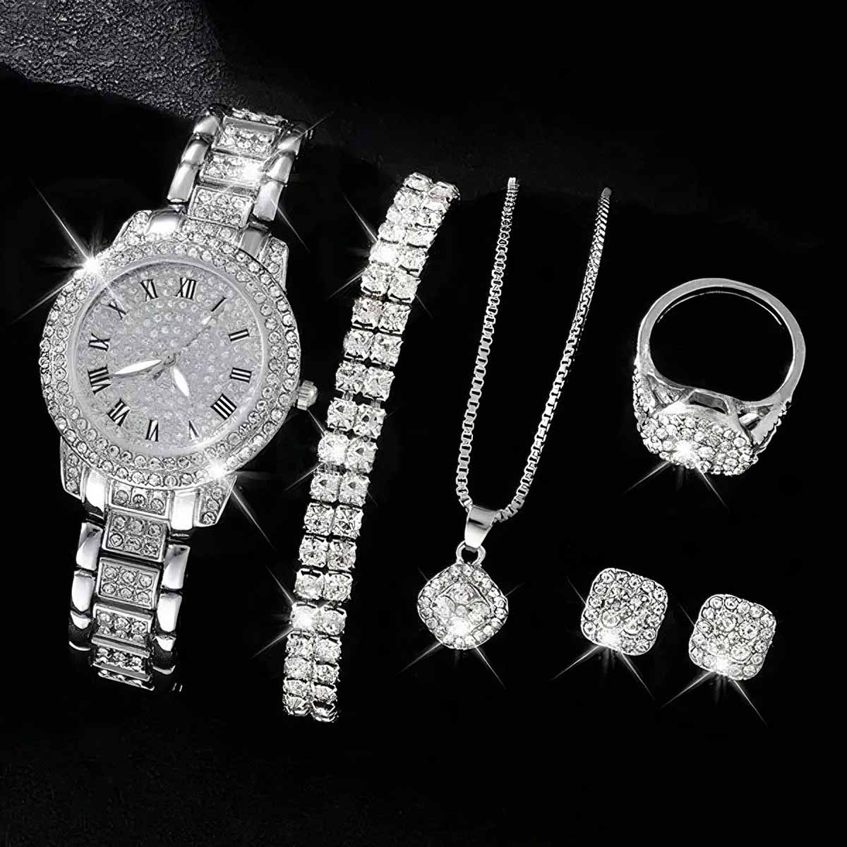 Conjunto de reloj con diamantes en forma de "fuente de riquezas", set de 5 piezas de pulseras de moda, reloj de cuarzo estilo europeo y americano para mujer.