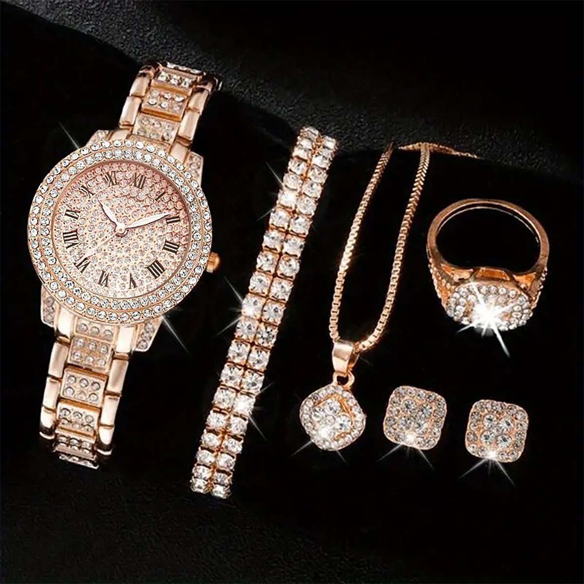 Conjunto de reloj con diamantes en forma de "fuente de riquezas", set de 5 piezas de pulseras de moda, reloj de cuarzo estilo europeo y americano para mujer.