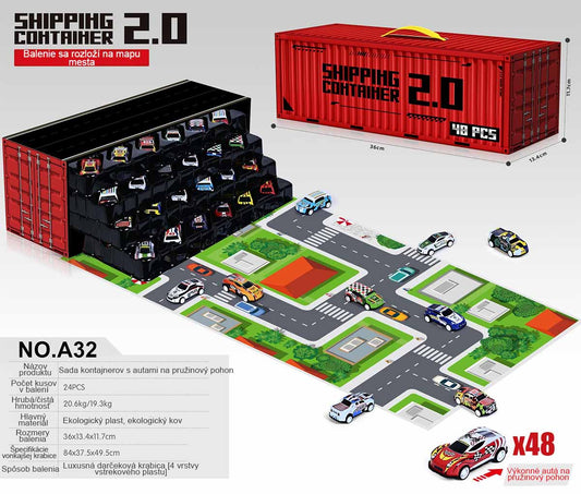 Detská darčeková sada kovových kontajnerových áut – realistické malé autíčka s pohonom na spätný ťah a mini parkoviskom, ideálne pre chlapcov.