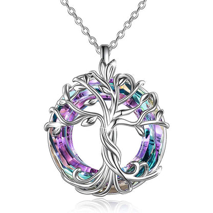 "Collar de cristal del árbol de la vida, colgante de cristal con anillo circular de colores incrustado en aleación."