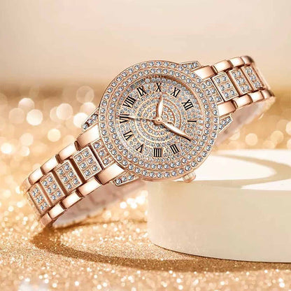 Conjunto de reloj con diamantes en forma de "fuente de riquezas", set de 5 piezas de pulseras de moda, reloj de cuarzo estilo europeo y americano para mujer.
