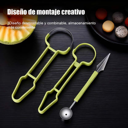 Cuchara multifuncional 3 en 1 para frutas, sacabolas de sandía, cuchillo para tallar frutas y herramienta para vaciar frutas – Juego de utensilios para frutas.