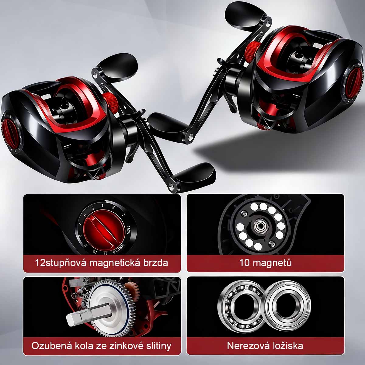 Bezpečnostní kovový černo-červený naviják s kapkovitou cívkou, set prutu na přívlač, daleké náhozy, naviják na lov z mostu a na člunu, speciálně pro lov parmy.