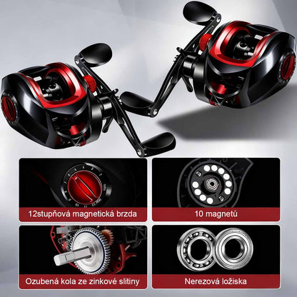 Bezpečnostní kovový černo-červený naviják s kapkovitou cívkou, set prutu na přívlač, daleké náhozy, naviják na lov z mostu a na člunu, speciálně pro lov parmy.