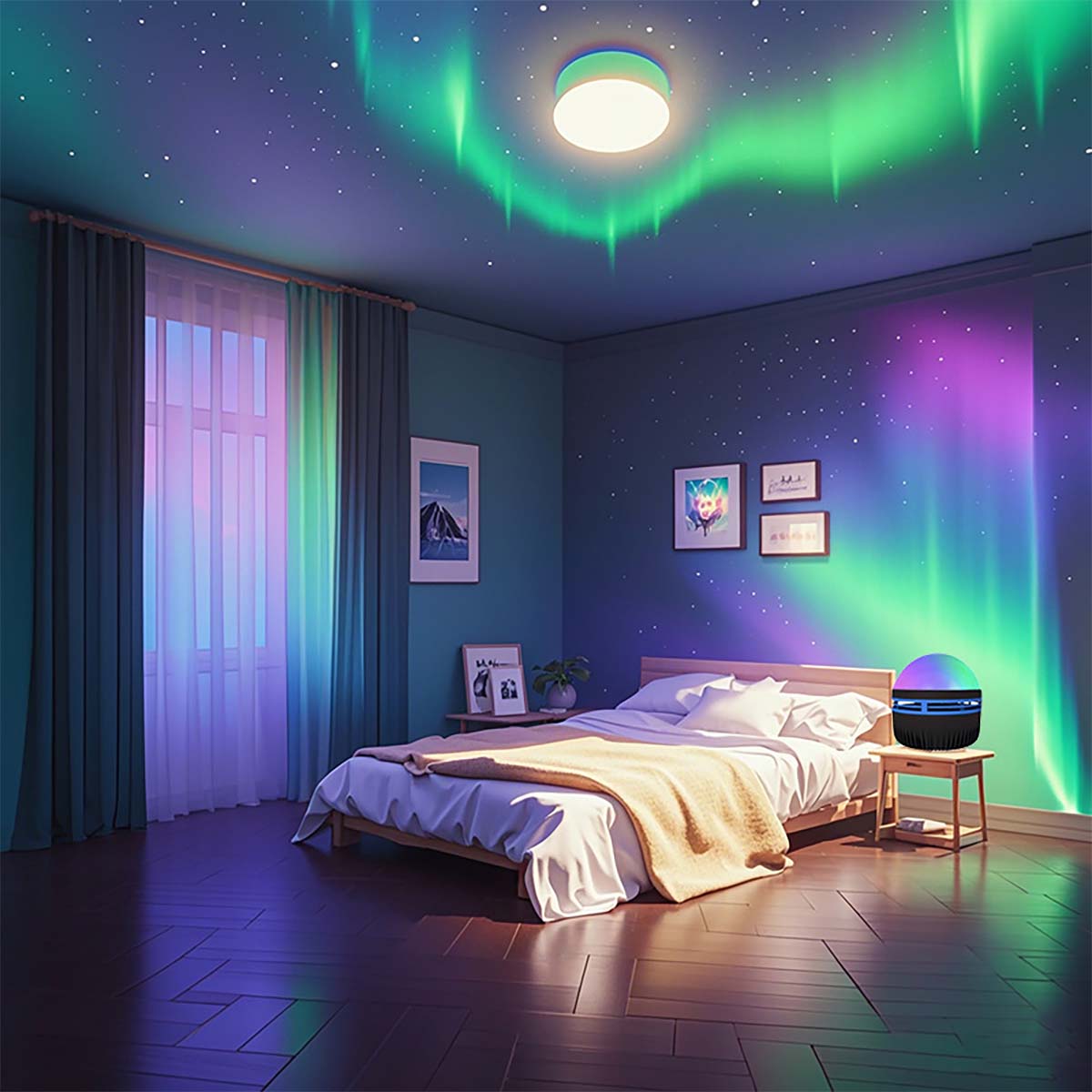Lámpara estrellada 5V Aurora Boreal LED — proyector, luz nocturna ambiental, pequeña bola mágica, lámpara festiva con efecto de ondas de agua para cabecera de cama.