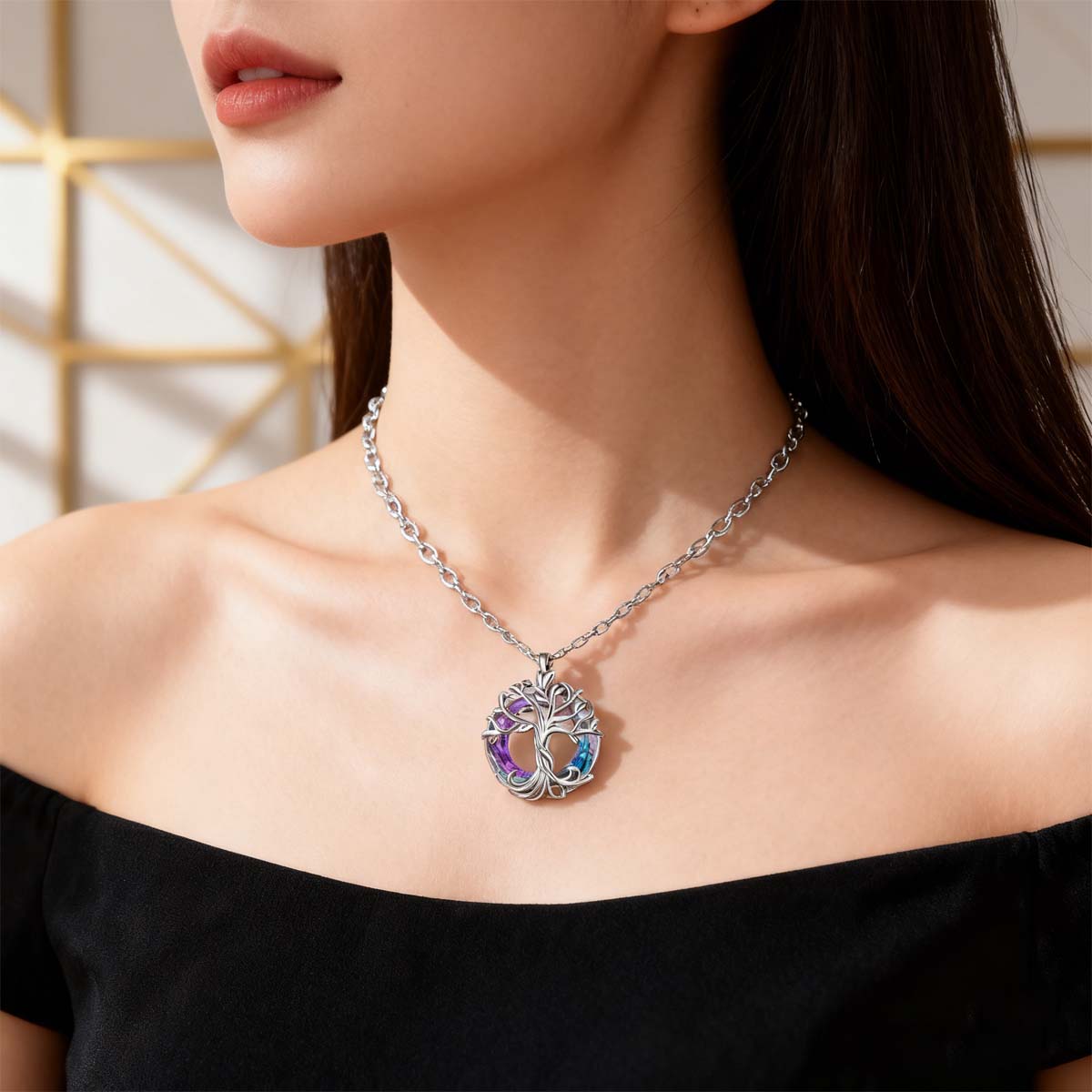 "Collar de cristal del árbol de la vida, colgante de cristal con anillo circular de colores incrustado en aleación."