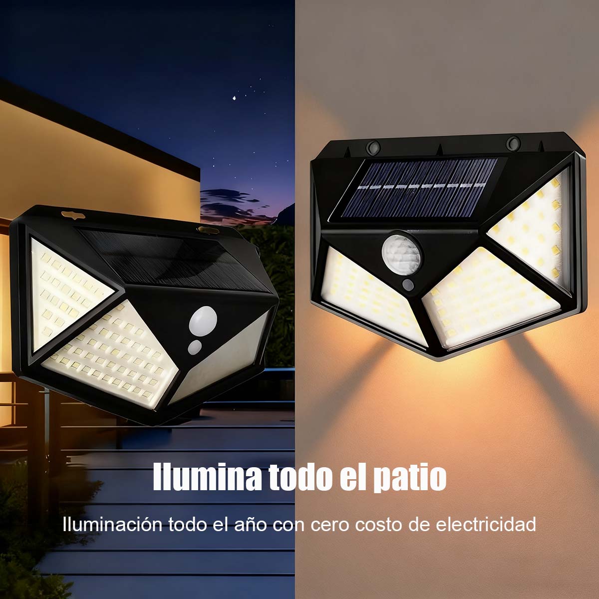 Lámpara de pared solar LED para exteriores, de cuatro caras iluminadas, con sensor de movimiento, ideal para jardines y patios.