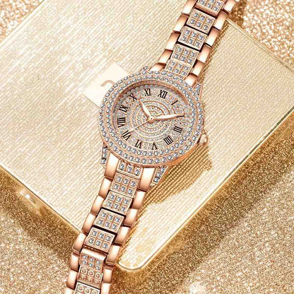 Conjunto de reloj con diamantes en forma de "fuente de riquezas", set de 5 piezas de pulseras de moda, reloj de cuarzo estilo europeo y americano para mujer.