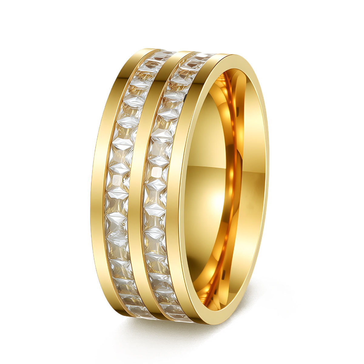 Anillo moderno de acero de titanio con circonitas — diseño cuadrado con incrustaciones, efecto “cielo estrellado”, color oro rosa, accesorio de moda.