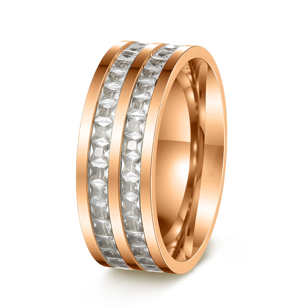 Anillo moderno de acero de titanio con circonitas — diseño cuadrado con incrustaciones, efecto “cielo estrellado”, color oro rosa, accesorio de moda.