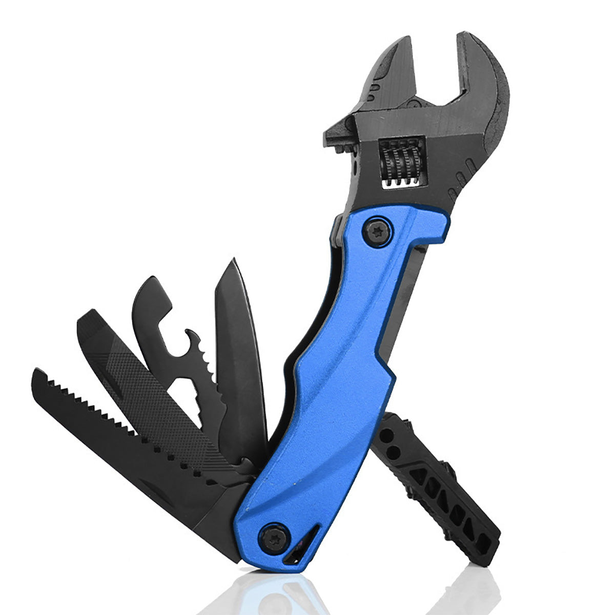 Juego de herramientas EDC plegable: Llave, alicate, cuchillo y sierra multifunción para camping y supervivencia.