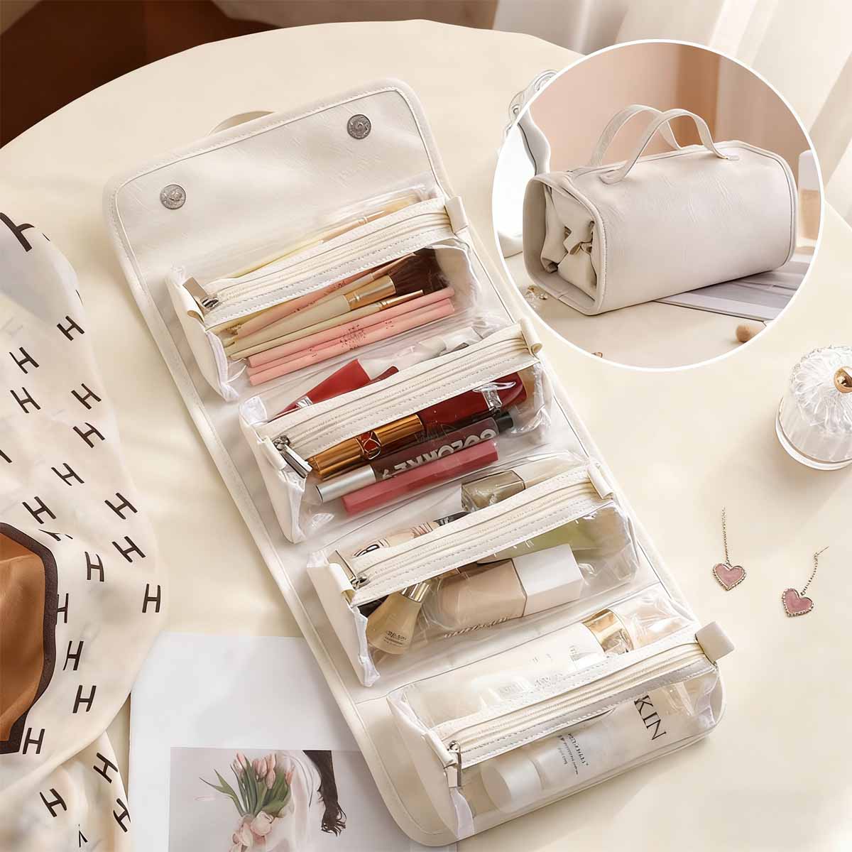 Bolso de maquillaje colgante y desmontable para personas perezosas; bolso de almacenamiento plegable y portátil de cremoso para viajes, que combina cuatro funciones en uno (maquillaje y aseo).