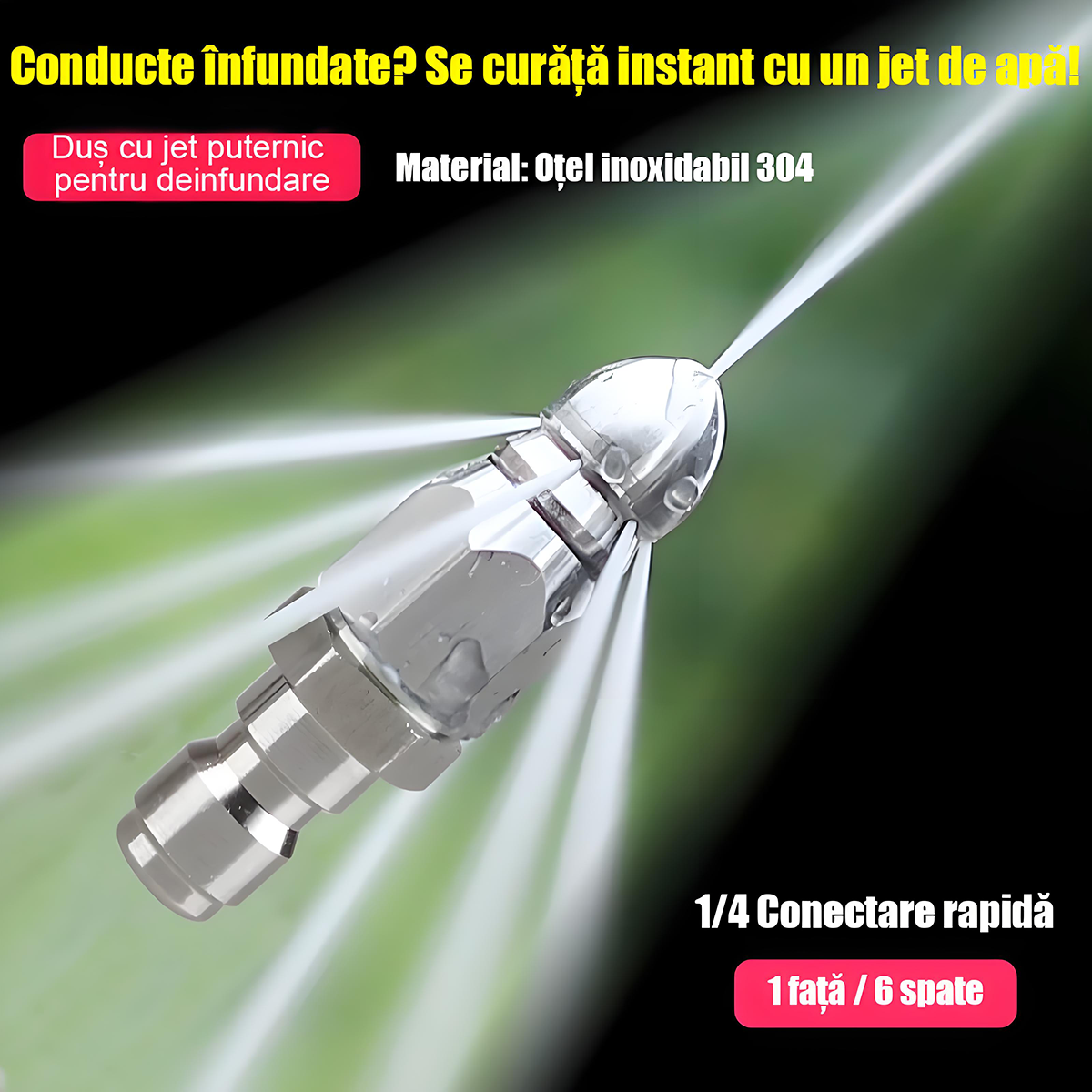 Cap de curățare și deblocare pentru țevi de canalizare, din oțel inoxidabil, cu duză de înaltă presiune – „șobolan de apă”