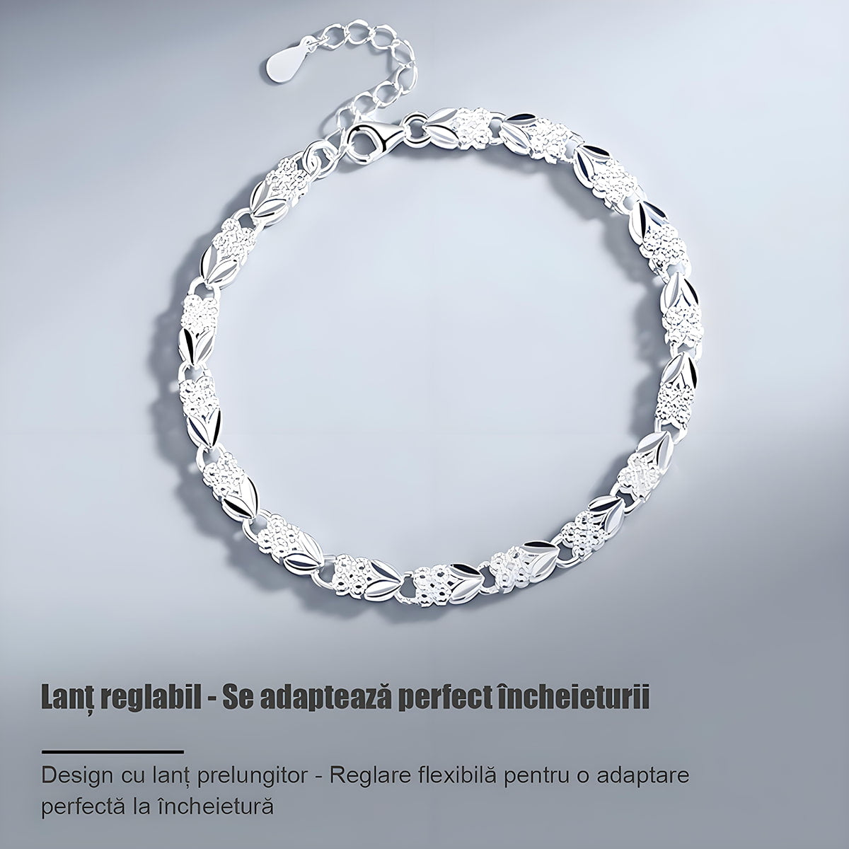 Brățară din argint pur, design exclusiv trifoi și inimioară, bijuterie modernă și delicată.