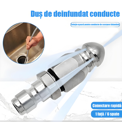 Cap de curățare și deblocare pentru țevi de canalizare, din oțel inoxidabil, cu duză de înaltă presiune – „șobolan de apă”