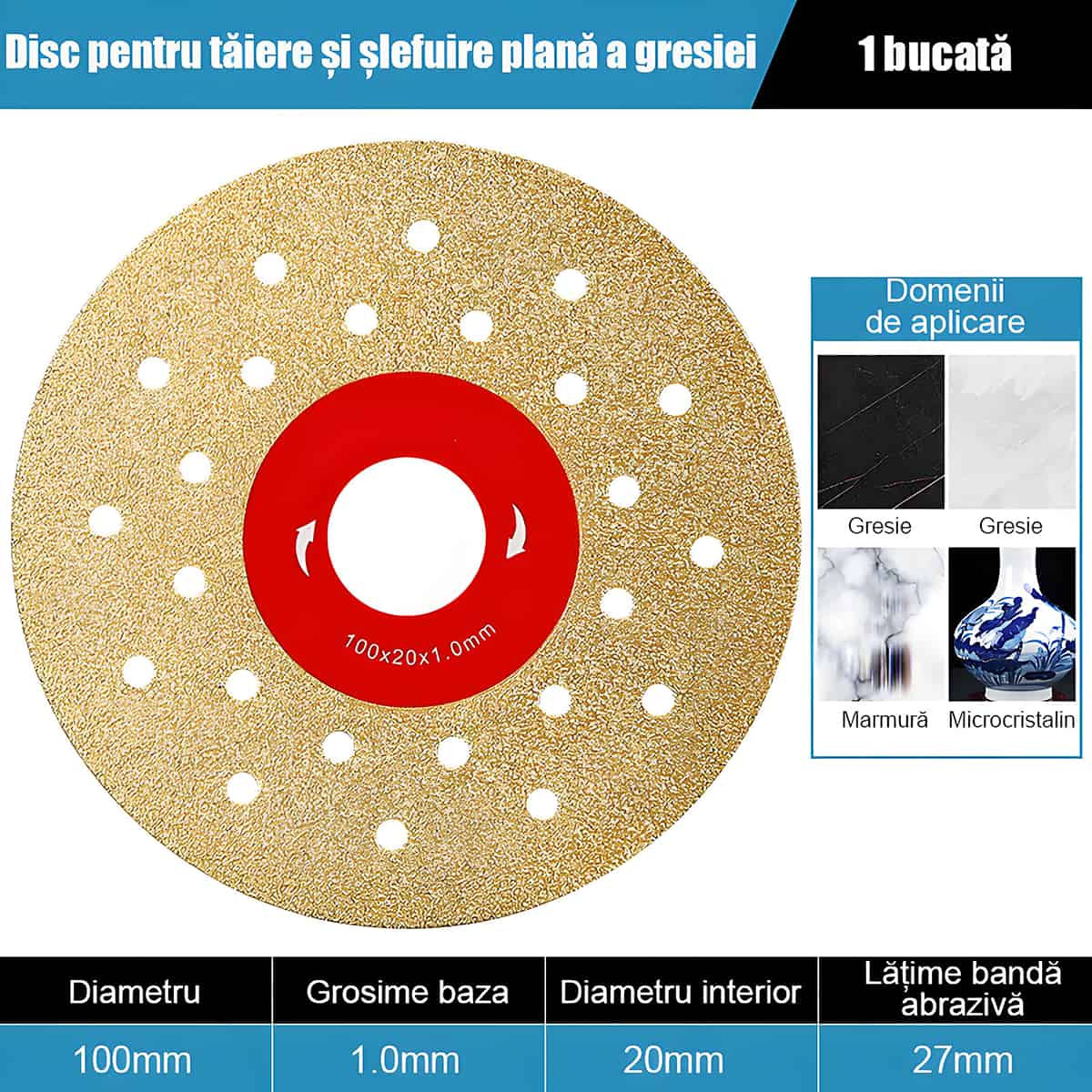 Disc diamantat pentru plăci de piatră și gresie: tăiere și șlefuire 45°, fără ciobire, compatibil cu polizor unghiular
